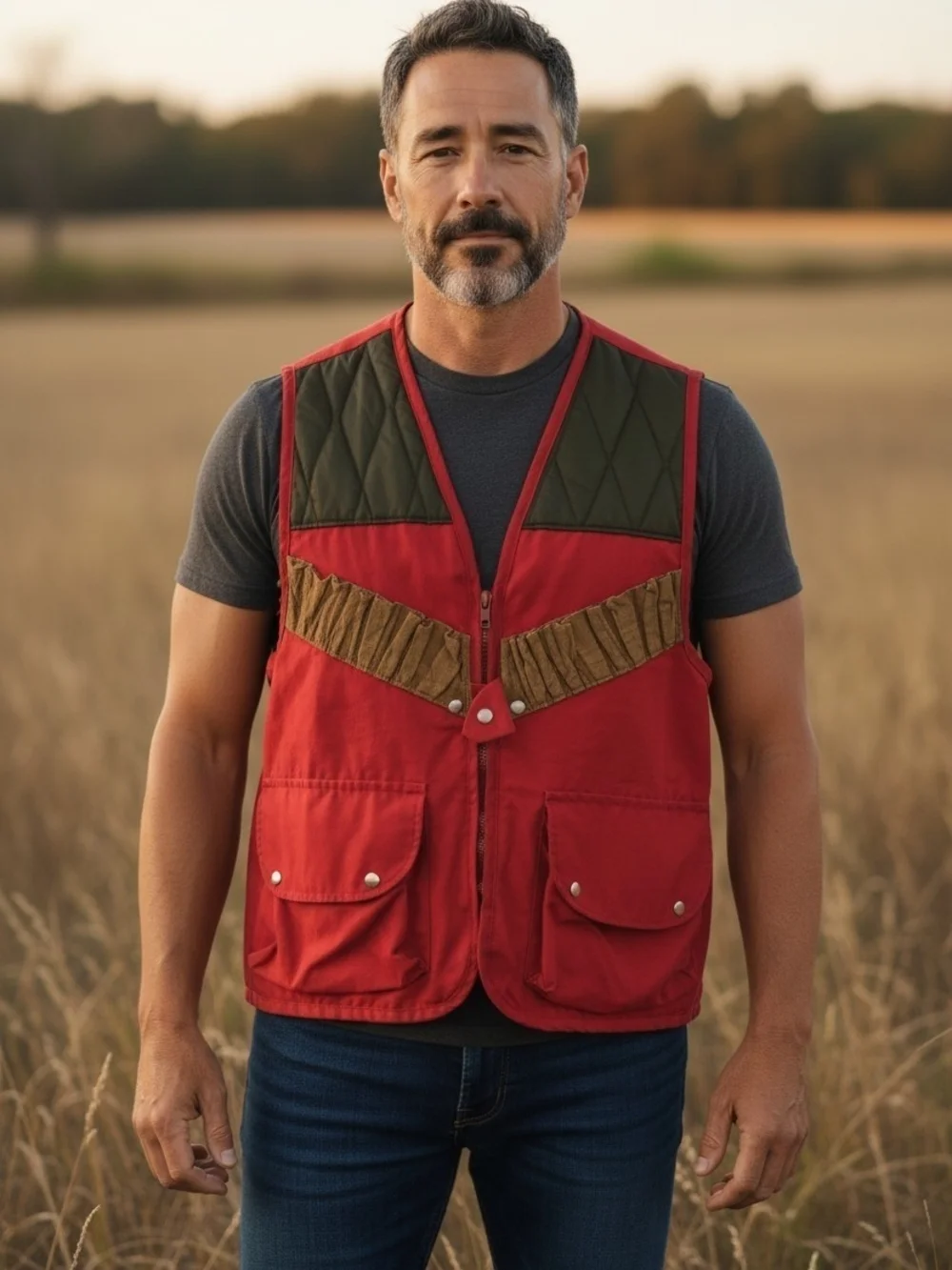 Men's Red Outdoor Shooting Vest with Olive Quilted Yoke Sz L
